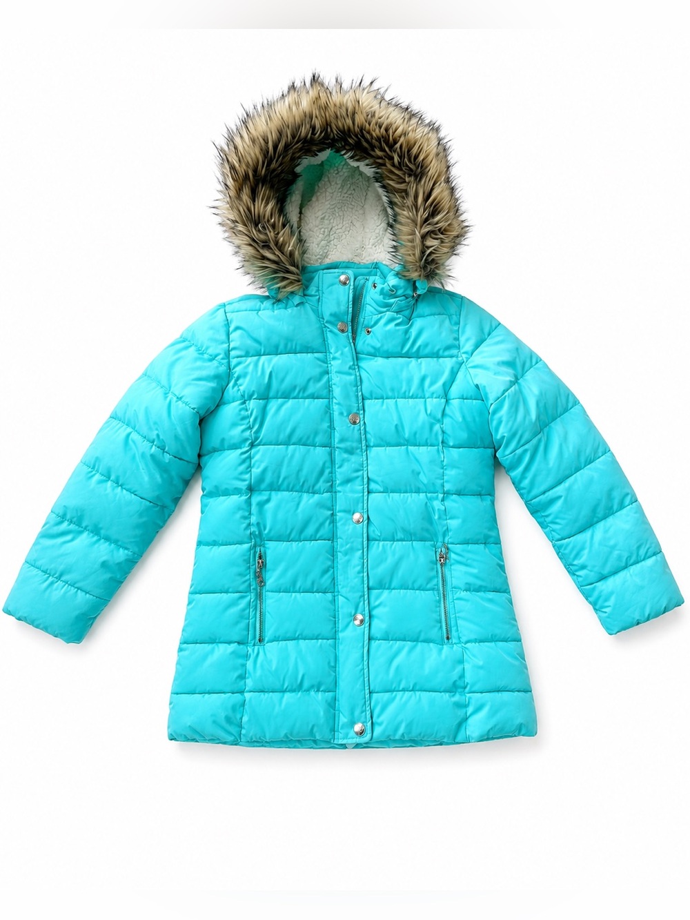 Justice Girls Aqua Faux Fur Hooded Puffer Winter Coat Size 12/14